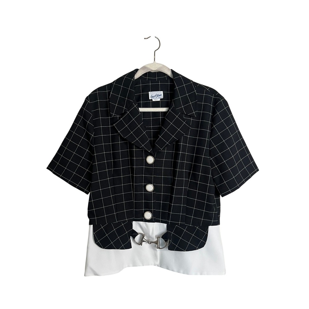 Good Times Vintage Black White Windowpane Horsebit Blazer Top Short Sleeve 14